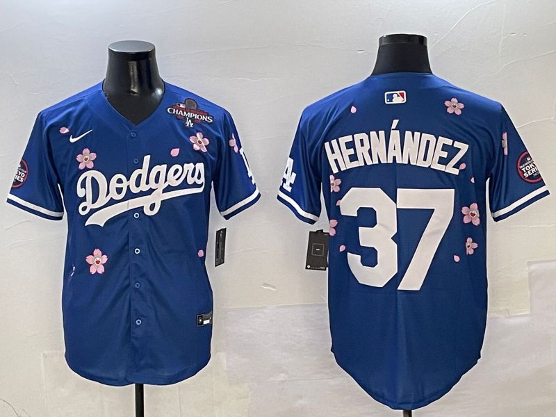 Men Los Angeles Dodgers #37 Hernandez Blue Sakura Edition 2025 Nike MLB Jersey style 5
